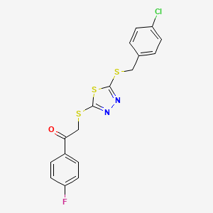 molecular formula C17H12ClFN2OS3 B11969571 2-({5-[(4-Chlorobenzyl)sulfanyl]-1,3,4-thiadiazol-2-yl}sulfanyl)-1-(4-fluorophenyl)ethanone 