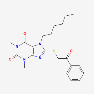 molecular formula C21H26N4O3S B11970697 7-Hexyl-1,3-dimethyl-8-phenacylsulfanylpurine-2,6-dione 