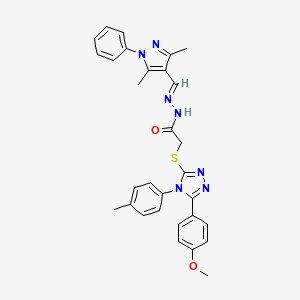 molecular formula C30H29N7O2S B11971415 N'-[(E)-(3,5-dimethyl-1-phenyl-1H-pyrazol-4-yl)methylidene]-2-{[5-(4-methoxyphenyl)-4-(4-methylphenyl)-4H-1,2,4-triazol-3-yl]sulfanyl}acetohydrazide 