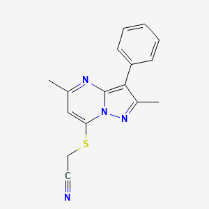 molecular formula C16H14N4S B1197276 2-[(2,5-Dimethyl-3-phenyl-7-pyrazolo[1,5-a]pyrimidinyl)thio]acetonitrile 