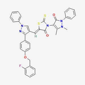 molecular formula C37H28FN5O3S2 B11973036 (5Z)-3-(1,5-dimethyl-3-oxo-2-phenyl-2,3-dihydro-1H-pyrazol-4-yl)-5-[(3-{4-[(2-fluorobenzyl)oxy]phenyl}-1-phenyl-1H-pyrazol-4-yl)methylene]-2-thioxo-1,3-thiazolidin-4-one 