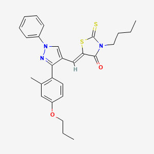 molecular formula C27H29N3O2S2 B11973351 (5Z)-3-butyl-5-{[3-(2-methyl-4-propoxyphenyl)-1-phenyl-1H-pyrazol-4-yl]methylidene}-2-thioxo-1,3-thiazolidin-4-one 