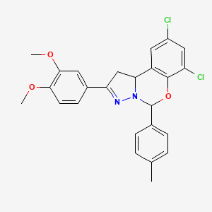 molecular formula C25H22Cl2N2O3 B11973511 7,9-Dichloro-2-(3,4-dimethoxyphenyl)-5-(4-methylphenyl)-1,10b-dihydropyrazolo[1,5-c][1,3]benzoxazine 