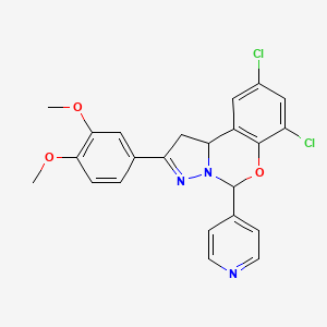 molecular formula C23H19Cl2N3O3 B11973706 7,9-Dichloro-2-(3,4-dimethoxyphenyl)-5-(4-pyridinyl)-1,10B-dihydropyrazolo[1,5-C][1,3]benzoxazine 