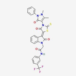 molecular formula C31H22F3N5O4S2 B11973758 2-{(3Z)-3-[3-(1,5-dimethyl-3-oxo-2-phenyl-2,3-dihydro-1H-pyrazol-4-yl)-4-oxo-2-thioxo-1,3-thiazolidin-5-ylidene]-2-oxo-2,3-dihydro-1H-indol-1-yl}-N-[3-(trifluoromethyl)phenyl]acetamide 