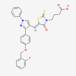 molecular formula C30H24FN3O4S2 B11973915 4-{(5Z)-5-[(3-{4-[(2-fluorobenzyl)oxy]phenyl}-1-phenyl-1H-pyrazol-4-yl)methylene]-4-oxo-2-thioxo-1,3-thiazolidin-3-yl}butanoic acid 