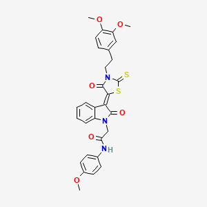 molecular formula C30H27N3O6S2 B11974688 2-((3Z)-3-{3-[2-(3,4-Dimethoxyphenyl)ethyl]-4-oxo-2-thioxo-1,3-thiazolidin-5-ylidene}-2-oxo-2,3-dihydro-1H-indol-1-YL)-N-(4-methoxyphenyl)acetamide 