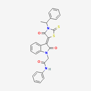 2-{(3Z)-2-oxo-3-[4-oxo-3-(1-phenylethyl)-2-thioxo-1,3-thiazolidin-5-ylidene]-2,3-dihydro-1H-indol-1-yl}-N-phenylacetamide