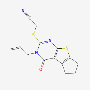 molecular formula C14H13N3OS2 B11974981 {[4-oxo-3-(prop-2-en-1-yl)-3,5,6,7-tetrahydro-4H-cyclopenta[4,5]thieno[2,3-d]pyrimidin-2-yl]sulfanyl}acetonitrile 