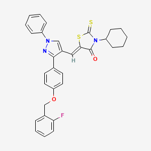 molecular formula C32H28FN3O2S2 B11975029 (5Z)-3-cyclohexyl-5-[(3-{4-[(2-fluorobenzyl)oxy]phenyl}-1-phenyl-1H-pyrazol-4-yl)methylidene]-2-thioxo-1,3-thiazolidin-4-one 