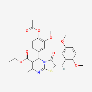 molecular formula C28H28N2O8S B11975137 ethyl (2E)-5-[4-(acetyloxy)-3-methoxyphenyl]-2-(2,5-dimethoxybenzylidene)-7-methyl-3-oxo-2,3-dihydro-5H-[1,3]thiazolo[3,2-a]pyrimidine-6-carboxylate 