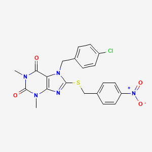 molecular formula C21H18ClN5O4S B11975143 7-(4-chlorobenzyl)-1,3-dimethyl-8-[(4-nitrobenzyl)thio]-3,7-dihydro-1H-purine-2,6-dione 