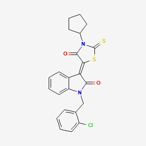 molecular formula C23H19ClN2O2S2 B11976185 (3Z)-1-(2-chlorobenzyl)-3-(3-cyclopentyl-4-oxo-2-thioxo-1,3-thiazolidin-5-ylidene)-1,3-dihydro-2H-indol-2-one 