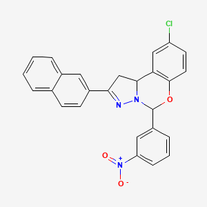 molecular formula C26H18ClN3O3 B11976378 9-Chloro-2-(naphthalen-2-yl)-5-(3-nitrophenyl)-5,10b-dihydro-1H-benzo[e]pyrazolo[1,5-c][1,3]oxazine CAS No. 303060-22-2