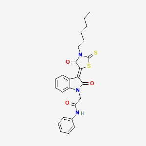 molecular formula C25H25N3O3S2 B11976667 2-[(3Z)-3-(3-hexyl-4-oxo-2-thioxo-1,3-thiazolidin-5-ylidene)-2-oxo-2,3-dihydro-1H-indol-1-yl]-N-phenylacetamide 