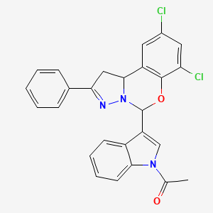 molecular formula C26H19Cl2N3O2 B11976878 5-(1-Acetyl-1H-indol-3-YL)-7,9-dichloro-2-phenyl-1,10B-dihydropyrazolo[1,5-C][1,3]benzoxazine CAS No. 303095-35-4