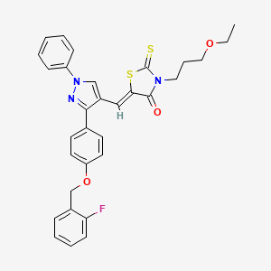 molecular formula C31H28FN3O3S2 B11977178 (5Z)-3-(3-ethoxypropyl)-5-[(3-{4-[(2-fluorobenzyl)oxy]phenyl}-1-phenyl-1H-pyrazol-4-yl)methylene]-2-thioxo-1,3-thiazolidin-4-one 