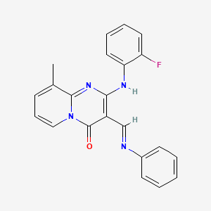 molecular formula C22H17FN4O B11977828 2-(2-Fluoro-phenylamino)-9-methyl-3-[(E)-phenyliminomethyl]-pyrido[1,2-a]pyrimidin-4-one 