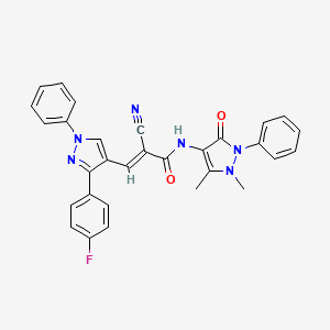 molecular formula C30H23FN6O2 B11978157 (2E)-2-Cyano-N-(1,5-dimethyl-3-oxo-2-phenyl-2,3-dihydro-1H-pyrazol-4-YL)-3-[3-(4-fluorophenyl)-1-phenyl-1H-pyrazol-4-YL]-2-propenamide 