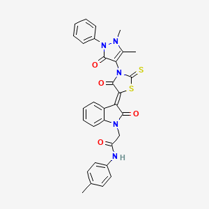 2-{(3Z)-3-[3-(1,5-dimethyl-3-oxo-2-phenyl-2,3-dihydro-1H-pyrazol-4-yl)-4-oxo-2-thioxo-1,3-thiazolidin-5-ylidene]-2-oxo-2,3-dihydro-1H-indol-1-yl}-N-(4-methylphenyl)acetamide