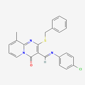 molecular formula C23H18ClN3OS B11978546 2-(benzylsulfanyl)-3-{(E)-[(4-chlorophenyl)imino]methyl}-9-methyl-4H-pyrido[1,2-a]pyrimidin-4-one 