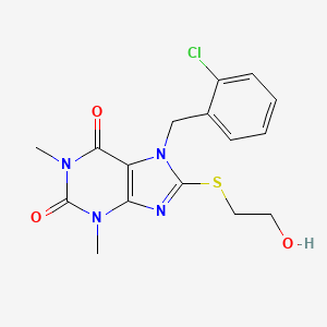 molecular formula C16H17ClN4O3S B11979107 7-(2-Chlorobenzyl)-8-[(2-hydroxyethyl)sulfanyl]-1,3-dimethyl-3,7-dihydro-1H-purine-2,6-dione 