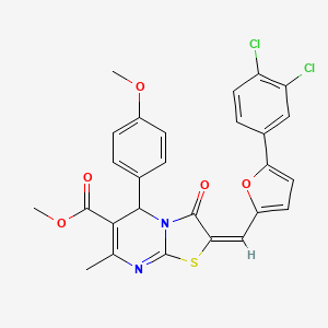 molecular formula C27H20Cl2N2O5S B11979133 Methyl (2E)-2-{[5-(3,4-dichlorophenyl)-2-furyl]methylene}-5-(4-methoxyphenyl)-7-methyl-3-oxo-2,3-dihydro-5H-[1,3]thiazolo[3,2-A]pyrimidine-6-carboxylate 