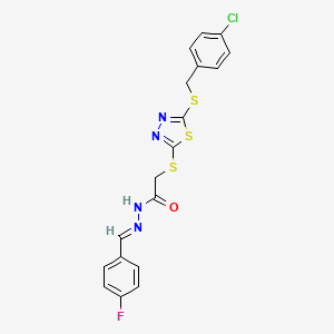 molecular formula C18H14ClFN4OS3 B11979137 2-({5-[(4-chlorobenzyl)sulfanyl]-1,3,4-thiadiazol-2-yl}sulfanyl)-N'-[(E)-(4-fluorophenyl)methylidene]acetohydrazide 