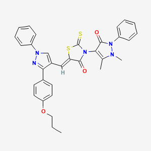 (5Z)-3-(1,5-dimethyl-3-oxo-2-phenyl-2,3-dihydro-1H-pyrazol-4-yl)-5-{[1-phenyl-3-(4-propoxyphenyl)-1H-pyrazol-4-yl]methylidene}-2-thioxo-1,3-thiazolidin-4-one