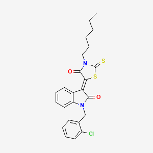 molecular formula C24H23ClN2O2S2 B11979216 (3Z)-1-(2-chlorobenzyl)-3-(3-hexyl-4-oxo-2-thioxo-1,3-thiazolidin-5-ylidene)-1,3-dihydro-2H-indol-2-one 