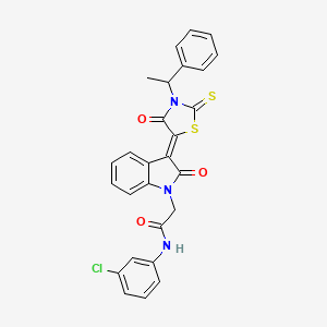 molecular formula C27H20ClN3O3S2 B11979277 N-(3-chlorophenyl)-2-{(3Z)-2-oxo-3-[4-oxo-3-(1-phenylethyl)-2-thioxo-1,3-thiazolidin-5-ylidene]-2,3-dihydro-1H-indol-1-yl}acetamide 