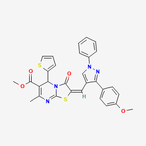 molecular formula C30H24N4O4S2 B11979342 Methyl (2E)-2-{[3-(4-methoxyphenyl)-1-phenyl-1H-pyrazol-4-YL]methylene}-7-methyl-3-oxo-5-(2-thienyl)-2,3-dihydro-5H-[1,3]thiazolo[3,2-A]pyrimidine-6-carboxylate 