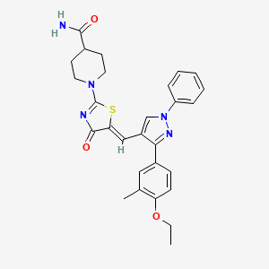 molecular formula C28H29N5O3S B11979494 1-((5Z)-5-{[3-(4-ethoxy-3-methylphenyl)-1-phenyl-1H-pyrazol-4-yl]methylene}-4-oxo-4,5-dihydro-1,3-thiazol-2-yl)-4-piperidinecarboxamide 