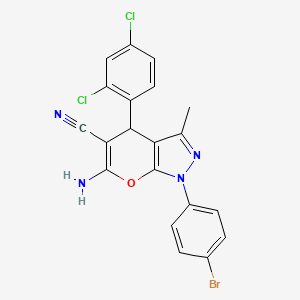 molecular formula C20H13BrCl2N4O B11979570 6-Amino-1-(4-bromophenyl)-4-(2,4-dichlorophenyl)-3-methyl-1,4-dihydropyrano[2,3-c]pyrazole-5-carbonitrile CAS No. 302904-09-2