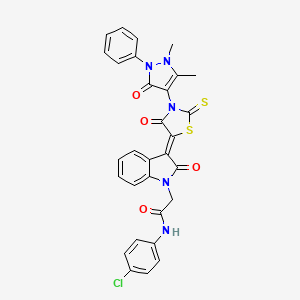 N-(4-chlorophenyl)-2-{(3Z)-3-[3-(1,5-dimethyl-3-oxo-2-phenyl-2,3-dihydro-1H-pyrazol-4-yl)-4-oxo-2-thioxo-1,3-thiazolidin-5-ylidene]-2-oxo-2,3-dihydro-1H-indol-1-yl}acetamide