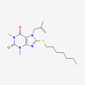 molecular formula C18H28N4O2S B11980376 8-(heptylsulfanyl)-1,3-dimethyl-7-(2-methylprop-2-en-1-yl)-3,7-dihydro-1H-purine-2,6-dione 