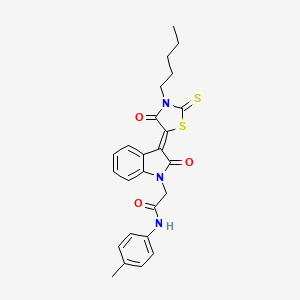 molecular formula C25H25N3O3S2 B11980707 N-(4-methylphenyl)-2-[(3Z)-2-oxo-3-(4-oxo-3-pentyl-2-thioxo-1,3-thiazolidin-5-ylidene)-2,3-dihydro-1H-indol-1-yl]acetamide 