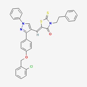 molecular formula C34H26ClN3O2S2 B11980711 (5Z)-5-[(3-{4-[(2-chlorobenzyl)oxy]phenyl}-1-phenyl-1H-pyrazol-4-yl)methylene]-3-(2-phenylethyl)-2-thioxo-1,3-thiazolidin-4-one 