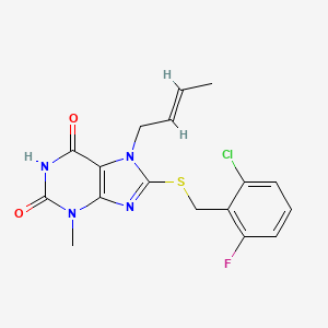 molecular formula C17H16ClFN4O2S B11981241 7-[(2E)-but-2-en-1-yl]-8-[(2-chloro-6-fluorobenzyl)sulfanyl]-3-methyl-3,7-dihydro-1H-purine-2,6-dione 