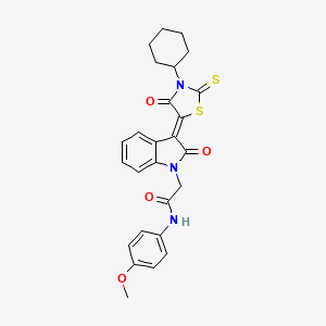 molecular formula C26H25N3O4S2 B11981307 2-[(3Z)-3-(3-cyclohexyl-4-oxo-2-thioxo-1,3-thiazolidin-5-ylidene)-2-oxo-2,3-dihydro-1H-indol-1-yl]-N-(4-methoxyphenyl)acetamide 