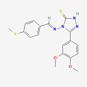 molecular formula C18H18N4O2S2 B11981839 5-(3,4-Dimethoxyphenyl)-4-({(E)-[4-(methylsulfanyl)phenyl]methylidene}amino)-4H-1,2,4-triazol-3-YL hydrosulfide 