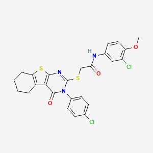 molecular formula C25H21Cl2N3O3S2 B11981863 N-(3-chloro-4-methoxyphenyl)-2-{[3-(4-chlorophenyl)-4-oxo-3,4,5,6,7,8-hexahydro[1]benzothieno[2,3-d]pyrimidin-2-yl]sulfanyl}acetamide 