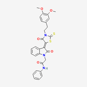 molecular formula C29H25N3O5S2 B11982253 2-((3Z)-3-{3-[2-(3,4-dimethoxyphenyl)ethyl]-4-oxo-2-thioxo-1,3-thiazolidin-5-ylidene}-2-oxo-2,3-dihydro-1H-indol-1-yl)-N-phenylacetamide 