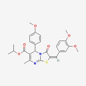 molecular formula C27H28N2O6S B11982639 Isopropyl (2E)-2-(3,4-dimethoxybenzylidene)-5-(4-methoxyphenyl)-7-methyl-3-oxo-2,3-dihydro-5H-[1,3]thiazolo[3,2-A]pyrimidine-6-carboxylate 