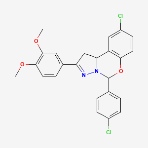 molecular formula C24H20Cl2N2O3 B11982697 9-Chloro-5-(4-chlorophenyl)-2-(3,4-dimethoxyphenyl)-1,10b-dihydropyrazolo[1,5-c][1,3]benzoxazine 