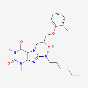 molecular formula C23H33N5O4 B11982870 8-(hexylamino)-7-[2-hydroxy-3-(2-methylphenoxy)propyl]-1,3-dimethyl-3,7-dihydro-1H-purine-2,6-dione 