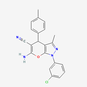 molecular formula C21H17ClN4O B11983098 6-Amino-1-(3-chlorophenyl)-3-methyl-4-(4-methylphenyl)-1,4-dihydropyrano[2,3-c]pyrazole-5-carbonitrile 