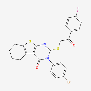 molecular formula C24H18BrFN2O2S2 B11983279 3-(4-bromophenyl)-2-{[2-(4-fluorophenyl)-2-oxoethyl]sulfanyl}-5,6,7,8-tetrahydro[1]benzothieno[2,3-d]pyrimidin-4(3H)-one 