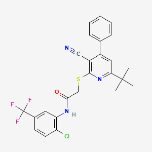 molecular formula C25H21ClF3N3OS B11983344 2-[(6-tert-butyl-3-cyano-4-phenylpyridin-2-yl)sulfanyl]-N-[2-chloro-5-(trifluoromethyl)phenyl]acetamide 