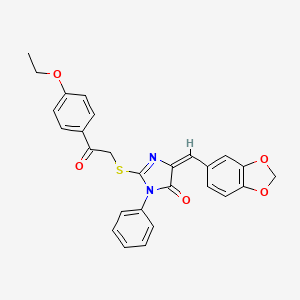 molecular formula C27H22N2O5S B11983519 (5E)-5-(1,3-benzodioxol-5-ylmethylene)-2-{[2-(4-ethoxyphenyl)-2-oxoethyl]thio}-3-phenyl-3,5-dihydro-4H-imidazol-4-one 